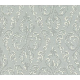   Klasszikus damaszt elegáns indaminta valódi textil szürke szürkészöld és ezüst tónus fénylő szemcsék tapéta