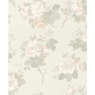   Vintage-klasszikus remek! Finom rózsabokrok irizáló textilszálakon fehér bézs szürke és púderrózsaszín/korall tónus tapéta