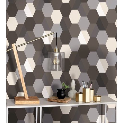 Geometrikus hatszög mátrix fehér szürke fekete csillogó arany vonalazás tapéta