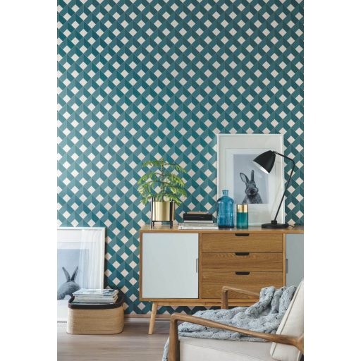 Térbeli illuzió - extrém mélységek háromdimenziós geometrikus motívum zöldeskék bézs arany tapéta