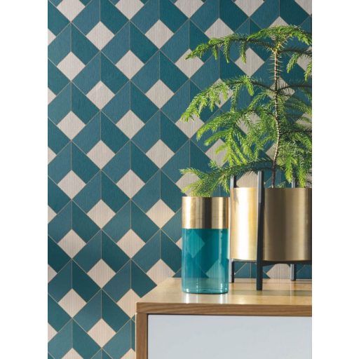 Térbeli illuzió - extrém mélységek háromdimenziós geometrikus motívum zöldeskék bézs arany tapéta