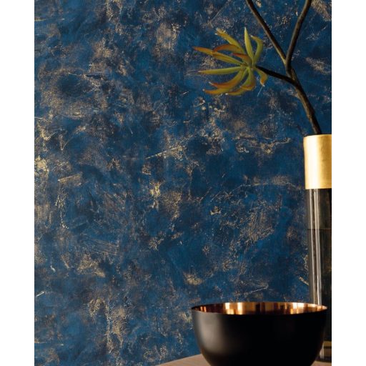 Valósághű megjelenésű nyers patinás vakolat/beton minta éjkék és arany tónus fémes hatás tapéta