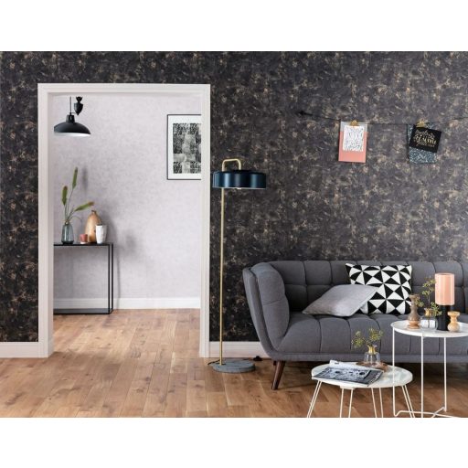 Valósághű megjelenésű nyers patinás vakolat/beton minta antracit/fekete és arany tónus fémes hatás tapéta