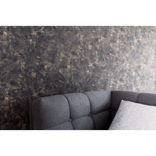 Valósághű megjelenésű nyers patinás vakolat/beton minta antracit/fekete és arany tónus fémes hatás tapéta