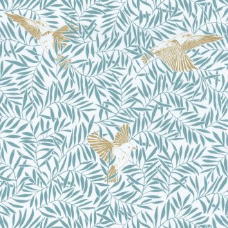 Sunny Day 100236028  BIRDY Natur kis madarak levelek között fehér kékeszöld arany tapéta