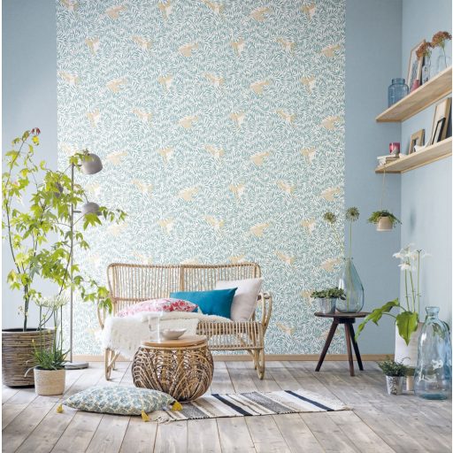 Sunny Day 100236028  BIRDY Natur kis madarak levelek között fehér kékeszöld arany tapéta