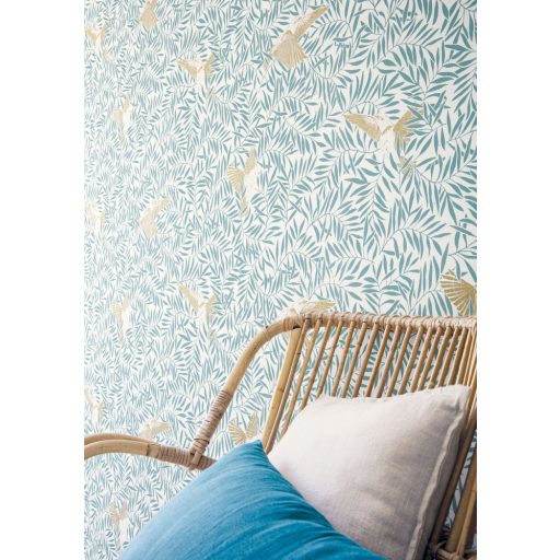 Sunny Day 100236028  BIRDY Natur kis madarak levelek között fehér kékeszöld arany tapéta