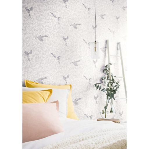 BIRDY Natur kis madarak levelek között fehér hűvös szürke ezüstszürke tapéta