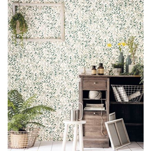 LAURA Natur mezei növények virágok krémfehér telt gazdag zöld ragyogó arany tapéta