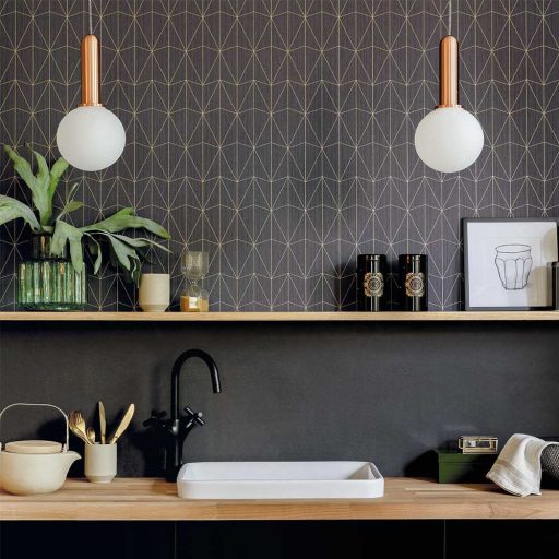 100449134 CHRYSLER Geometrikus kortárs megjelenítés telt sötétbarna csillogó arany tapéta