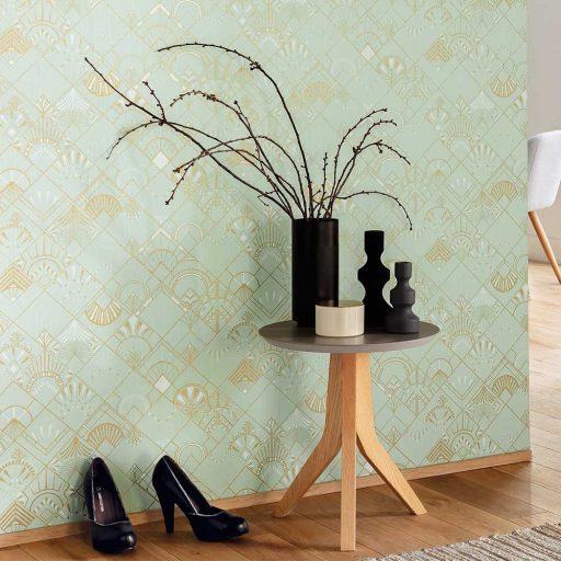 GOLDEN YEARS Retro kortárs geometrikus díszítőminta világoszöld csillogó arany tapéta