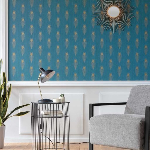 PEACOCK Natur stilizált pávatollak művészi sorozata világos kék kékeszöld csillogó arany tapéta