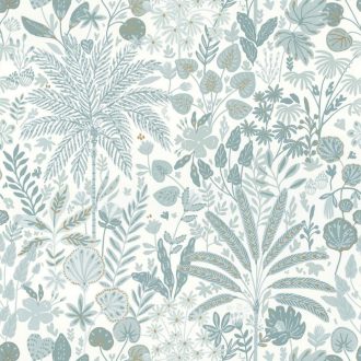   Növényi tüzijáték - grafikus trópusi virágminta fehér füstkék arany tapéta