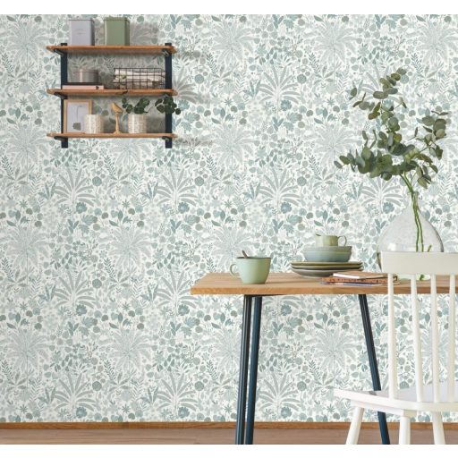 Növényi tüzijáték - grafikus trópusi virágminta fehér füstkék arany tapéta