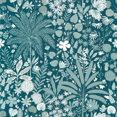   Növényi tüzijáték - grafikus trópusi virágminta zöldeskék kék arany tapéta