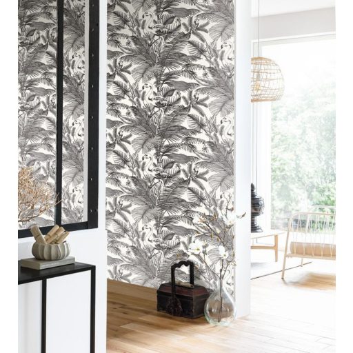 Caselio Moonlight 101039000 Natur trópusi flamingó és pálmák fehér fekete tapéta