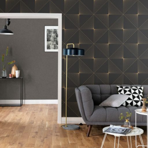 Caselio Moonlight 101052099 Geometrikus négyzetek-háromszögek vonalkázással fekete arany tapéta