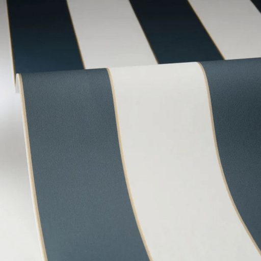 Elegáns klasszikus! Széles csíkozású arany szegélyű dekorminta krémfehér és mély tengerkék tónus tapéta