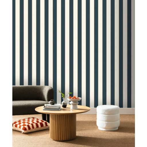 Elegáns klasszikus! Széles csíkozású arany szegélyű dekorminta krémfehér és mély tengerkék tónus tapéta