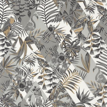 Geometikus Natur rombuszminta alapon dzsungel trópusi madarak fehér szürke csillogó arany tapéta