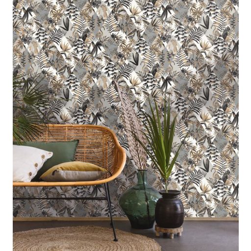 Geometikus Natur rombuszminta alapon dzsungel trópusi madarak fehér szürke csillogó arany tapéta