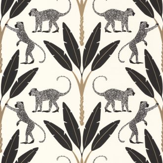  Natur trópusi dzsungel stilizált pálmafák páviánokkal fehér fekete arany tapéta