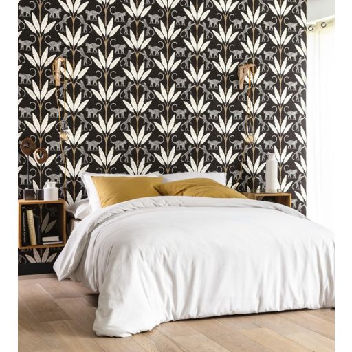  Natur trópusi dzsungel stilizált pálmafák páviánokkal fekete fehér arany tapéta