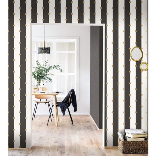 Moonlight 101229023 Csíkos arany pontokkal fehér fekete halvány fémes arany tapéta