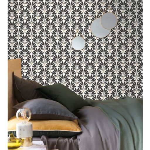 Natur trópusi apró sűrűn elhelyezkedő stilizált pálmafák fehér fekete arany tapéta