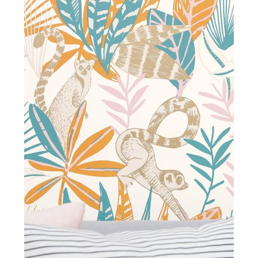 trópusi lombozat lemurokkal fehér narancs zöldeskék rózsaszín barna csillogó fémes fény tapéta