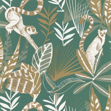  dzsungel trópusi lombozat lemurokkal telt zöld fehér arany csillogó fémes fény tapéta