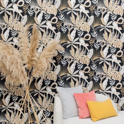 trópusi lombozat lemurokkal fekete szürke barna fehér csillogó fémes fény tapéta