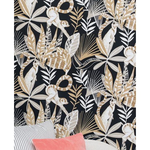 trópusi lombozat lemurokkal fekete szürke barna fehér csillogó fémes fény tapéta