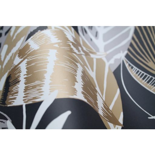 trópusi lombozat lemurokkal fekete szürke barna fehér csillogó fémes fény tapéta