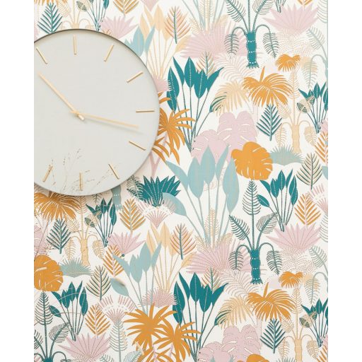  dzsungel krémfehér zöld narancs rózsaszín világoskék csillogó fémes fény tapéta