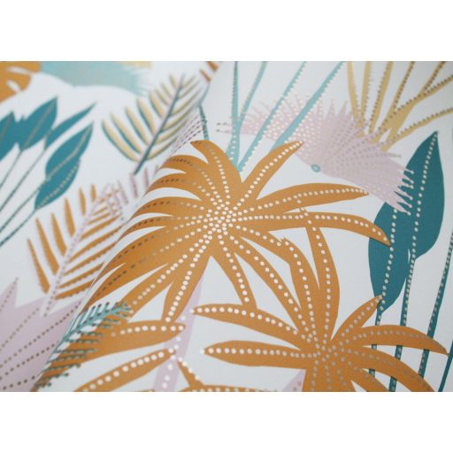  dzsungel krémfehér zöld narancs rózsaszín világoskék csillogó fémes fény tapéta