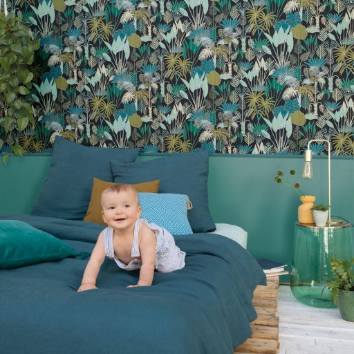 PHILIPPINES Natur dzsungel mélykék zöld árnalatok bézs csillogó fémes fény tapéta