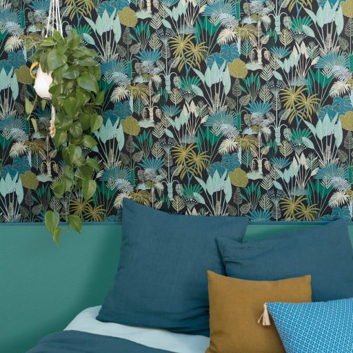 PHILIPPINES Natur dzsungel mélykék zöld árnalatok bézs csillogó fémes fény tapéta