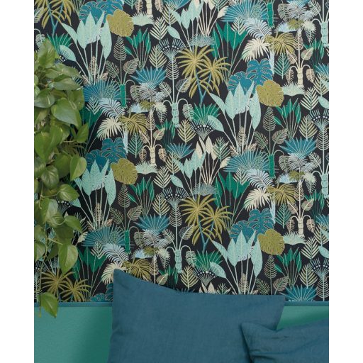 PHILIPPINES Natur dzsungel mélykék zöld árnalatok bézs csillogó fémes fény tapéta