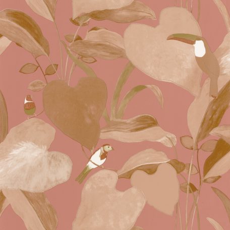  dzsungel levélzete egzotikus madarakkal sötét rózsaszín barna arany tapéta