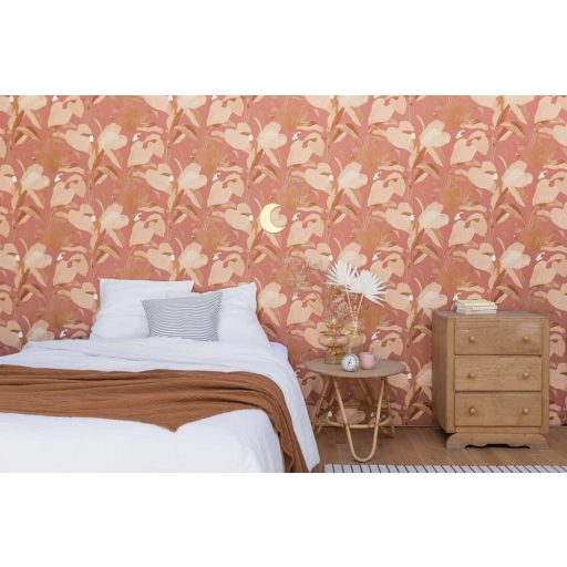  dzsungel levélzete egzotikus madarakkal sötét rózsaszín barna arany tapéta