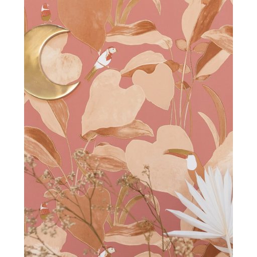  dzsungel levélzete egzotikus madarakkal sötét rózsaszín barna arany tapéta