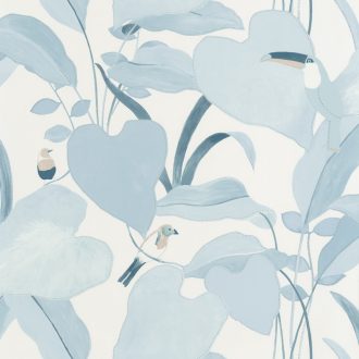 dzsungel levélzete egzotikus madarakkal fehér világoskék bézs kék tapéta