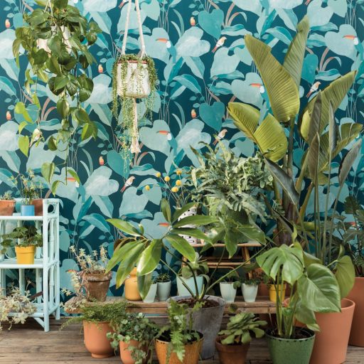  AMAZONIA Natur dzsungel levélzete egzotikus madarakkal kékeszöld zöld fehér szines tapéta