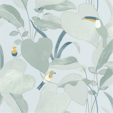 dzsungel levélzete egzotikus madarakkal szürkésfehér kék zöldes szürke sárga tapéta
