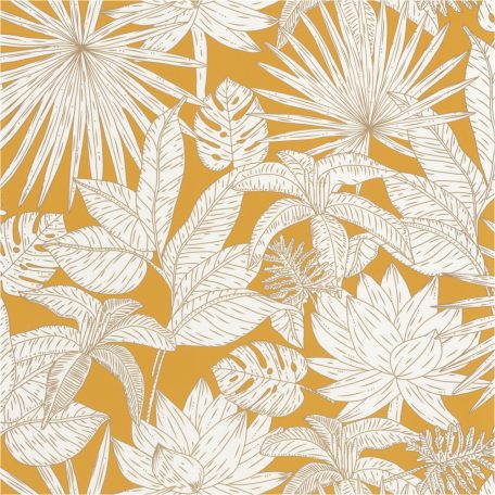 dzsungellevelek művészi ábrázolásban sárga krémfehér barna csillogó fémes fény tapéta