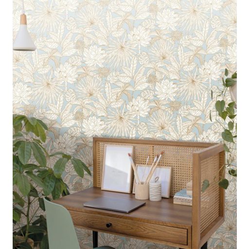 dzsungellevelek művészi ábrázolásban halvány kék krémfehér barna csillogó fémes fény tapéta