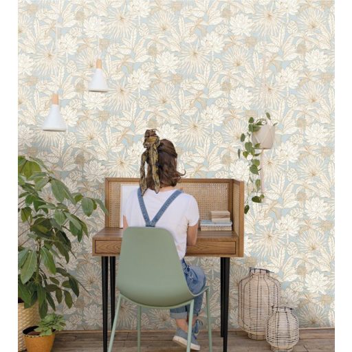 dzsungellevelek művészi ábrázolásban halvány kék krémfehér barna csillogó fémes fény tapéta