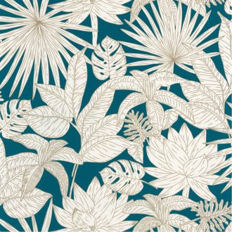 dzsungellevelek művészi ábrázolásban kékeszöld fehér barna csillogó fémes fény tapéta