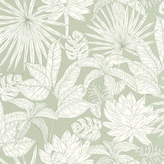   Buja dekoráció a hawaii növényzet megjelenítése - trópusi levélmintázat víz/mandulazöld és fehér tónus tapéta